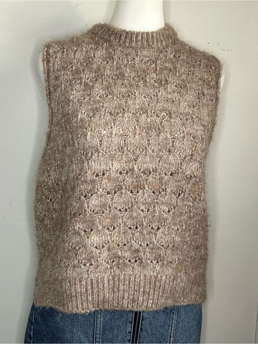 Universal Thread Taupe Fuzzy Pointelle Knit Sleeveless Crewneck Sweater Vest
